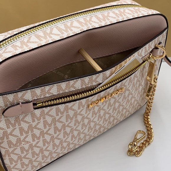 MICHAEL KORS LARGE EAST WEST ZIP CHAIN XBODY OPTIC WHITE ROSE GOLD COLOR - Picture 12 of 16